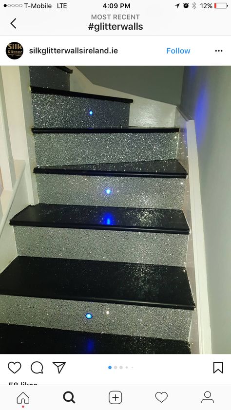 2010s Room, Glitter Stairs, Stairs Remodeling, Glamorous Goth, Glitter Bathroom, Glitter Interior, Glitter Floor, Glitter Bedroom, Beach Stairs