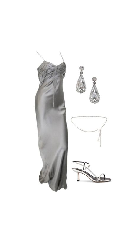 Silver Silk Dress Long, Silver Dress Formal Silk, Silver Slinky Dress, Silver Silk Party Dress, Silver Silk Dress For Gala, Long Silver Dress, Grey Satin Dress, Grey Dress Outfit, Grey Silk Dress