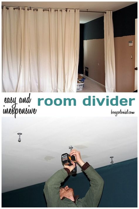 Make this Room Divider from Ikea Curtain Panels and a Ceiling Mount Curtain Rod Movable Bookshelves, Bookshelves Room, Ceiling Mount Curtain Rods, Rugs Room, Pallet Room, Curtain Divider, Temporary Room Dividers, Portable Room Dividers, Healthy Hacks