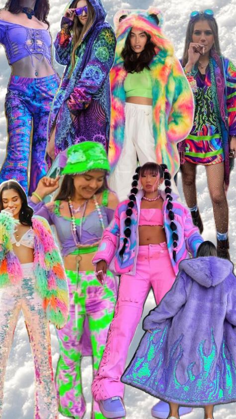 A collage of women in festivals outfits for winter Winter Rave Outfits Festivals, Cold Rave Outfits, Alien Rave Outfit, Festival Outfits Winter, Rave Outfits Winter, Winter Rave Outfits, Winter Rave, Winter Festival Outfit, Edm Outfit