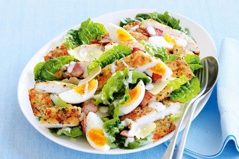 Chicken schnitzel Caesar salad Chicken Caesar Salad Recipe, Schnitzel Recipes, Chicken Schnitzel, Resep Salad, Parmesan Crisps, Caesar Salad Dressing, Caesar Salad Recipe, Donna Hay, Chicken Breast Fillet