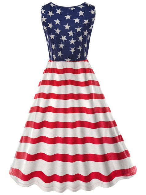 Flag Dress, Patriotic Fashion, American Flag Print, Scallop Hem, Short Sleeve Pattern, M 4, Star Dress, Line Dress, Scalloped Hem