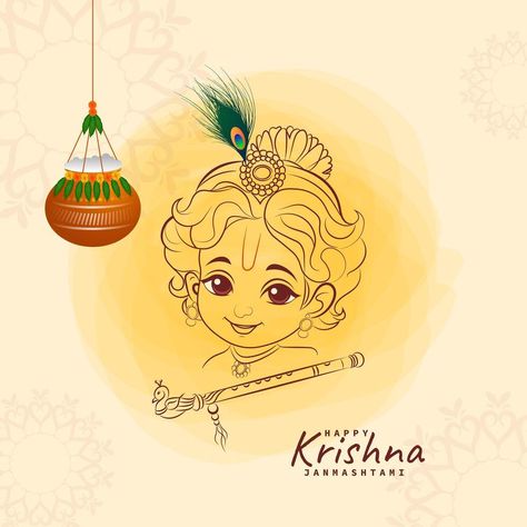 Happy Janmashtami Festival Greeting Card with Little Krishna and Flute Line Art Design Happy Janmashtami, Little Krishna, Line Art Design, Cityscape Photos, Logo Banners, Heart With Arrow, Background Banner, The Happy, Flower Frame