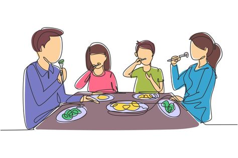 Single continuous line drawing family eating meal around kitchen table. Happy daddy, mom and two kids sitting eating healthy lunch in home. Dynamic one line draw graphic design vector illustration Family Eating Together Drawing, Family Dinner Drawing, Lunch Illustration, Breakfast Cartoon, Architecture Sheets, Line Drawing Family, Drawing Family, Family Dinner Table, Graphic Design Vector