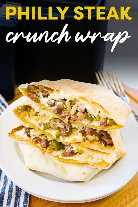 Philly Cheese Steak Crunch Wrap Crunch Wrap Ideas, Philly Cheese Steak Sandwich Recipe Air Fryer, Philly Wrap, Crunch Wrap Recipes, Steak Crunch Wrap, Philly Cheese Steak Quesadillas, Philly Cheese Steak Crunch Wrap, Philly Cheese Steak Wraps, Philly Cheese Steak Tortilla