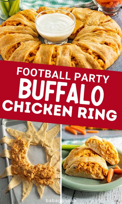 Crescent roll Buffalo chicken ring. Chicken Football Recipes, Football Chicken Recipes, Buffalo Chicken Wreath, Chicken Tailgate Recipes, Buffalo Chicken Crescent Rolls, Chicken Ring Crescent Rolls, Buffalo Bills Tailgate Food, Buffalo Chicken Dip Crescent Rolls, Buffalo Chicken Crescent Ring