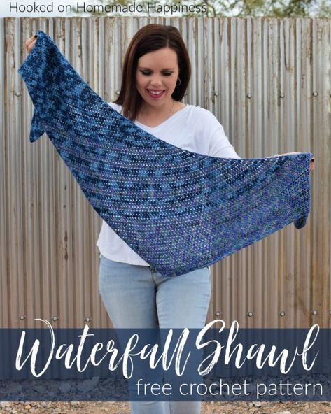 Waterfall Shawl Crochet Pattern - Hooked on Homemade Happiness Crochet Boomerang Shawl, Crochet Shawl Asymetrical, Crochet Asymmetrical Scarf Pattern Free, Shawl Fashion Style, Crochet Boomerang Shawl Pattern Free, Asymmetrical Crochet Shawl, C2c Shawl Crochet Free Pattern, Asymmetrical Shawl Crochet Pattern, Scarf Shawl Wrap