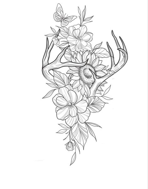 Flower Theme Tattoo, How To Design A Tattoo Sleeve, Country Themed Tattoos For Women, Western Hip Tattoos Women, Elk Tattoo Feminine, Western Shoulder Tattoos For Women, Antler Tattoos For Women, Western Hip Tattoo, Western Skull Tattoo