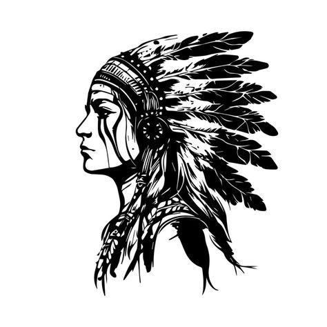 girl head with native american indian chief accessories logo hand drawn illustration Head Accessories Drawing, Native Headdress, Svg Background, Native Wolf, Cheetah Drawing, Animal Stencil Art, Black And White Svg, Native American Tattoo Designs, Accessories Drawing