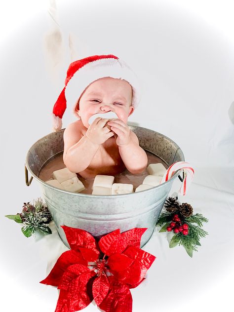 9 Month Christmas Photos, Winter Milk Bath Photography, Milk And Cookies Bath Photo Shoot, Half Birthday Christmas Theme, Milk And Cookies Christmas Photos, Christmas 6 Month Photos, Christmas Baby Photoshoot 6 Months, Christmas Kid Photoshoot, 6 Month Christmas Pictures Baby