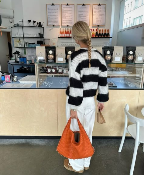 Striped Sweater Outfit Aesthetic, Coffee Shop Pose, Stripe Pants Outfit, Striped Sweater Outfit, Ordinary World, Corporate Girly, Outfit Dump, Checks And Stripes, Name Sweater