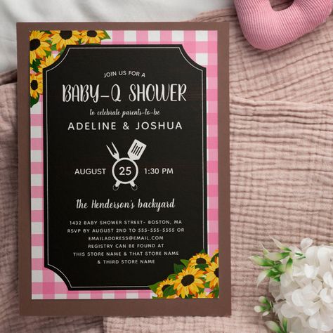 Rustic Pink Gingham Sunflowers Baby-Q Shower Invitation - Great Barbecue Barbecue Baby Shower, Baby Q Invitations, Bbq Baby Shower, Bbq Baby Shower Invitations, Baby Q Shower, Rustic Baby Shower Invitations, Baby Birthday Invitations, Wood Invitation, Outdoor Baby Shower