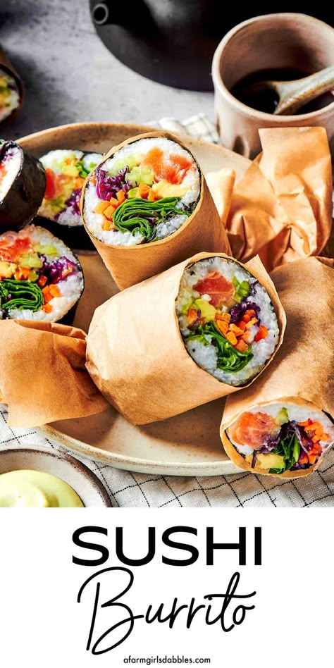 Sushi Style Sandwich Roll, Spring Roll Burrito, Sushi Wraps Recipes, Sushi Squares, Sushi Sauce Recipes, Sushi Burrito Recipe, Rainbow Roll Sushi, Spicy Salmon Sushi, Sushi Taco