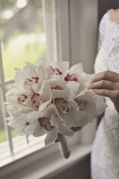 white orchids - bridal bouquet Cymbidium Orchids Bouquet, Photoshoot Bouquet, Orchid Bridal Bouquets, Orchid Bouquet, Cymbidium Orchids, Hand Bouquet, French Wedding, White Orchids, Flower Bouquet Wedding