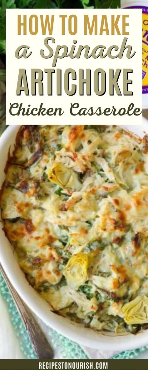 This Healthy Spinach Artichoke Chicken Casserole is total comfort food. It’s easy to make, packed with protein, brimming with spinach and artichoke hearts and full of flavor. This recipe is packed full of protein goodness! So many casseroles are packed with processed ingredients or heavily layered with a mayonnaise base. You won’t find either of those in this healthy casserole! Chicken And Kale Casserole Recipes, Spinach Artichoke Chicken Salad, Chicken Pesto Artichoke Bake, Recipes With Artichoke Hearts Healthy, Healthy Spinach Artichoke Chicken Casserole, Baked Spinach Chicken Spaghetti, Chicken Rice Artichoke Casserole, Creamy Chicken Florentine Artichoke, Chicken And Artichokes Recipes