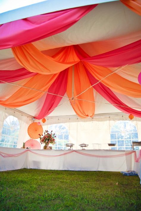 Tent Decoration looking like a blossoming flower!! Flower Tent Decoration, Outdoor Tent Birthday Party Decoration, Outside Tent Decorations, Popup Tent Decoration, How To Decorate Inside A Party Tent, Decorating Tents For Parties, 10x10 Tent Decorating Ideas, Tent Event Decor, Tent Graduation Party Ideas