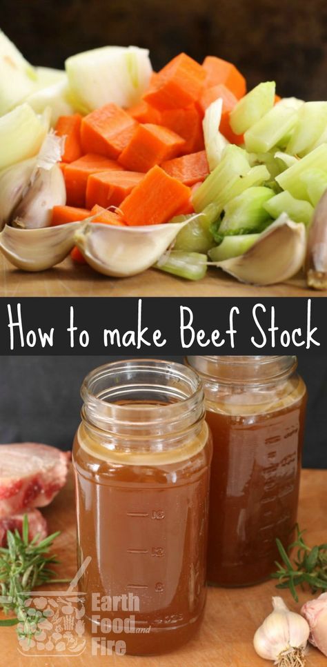 Learn how to make beef stock and broth at home. A simple recipe, full of health benefits, stock is used in soups, sauces, and many other recipes. via @earthfoodfire Beef Stock Recipes, Homemade Beef Broth, Diet Soup Recipes, Stock Recipes, Bone Broth Recipe, Broth Recipes, Homemade Beef, Soups Stews, Beef Stock