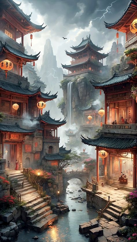 Japanese Fantasy City, Fantasy Mountain Village, Asian Fantasy City, Fantasy Asian, Asian Kingdom Fantasy Art, Asian Fantasy Architecture, Fantasy Asian Landscape, Asian Castle Concept Art, Fictional City