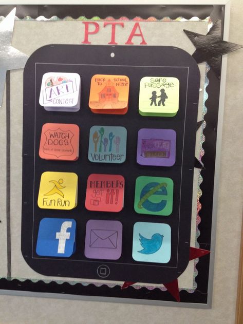 Join PTA Bulletin Board | App bulletin board! So clever! Volunteer Bulletin Board, Pta Bulletin Board Ideas, Apps For Computer, Pta Event Ideas, Pto Bulletin Board, Pta Programs, Pta Bulletin Boards, Pta Board, Pto Board