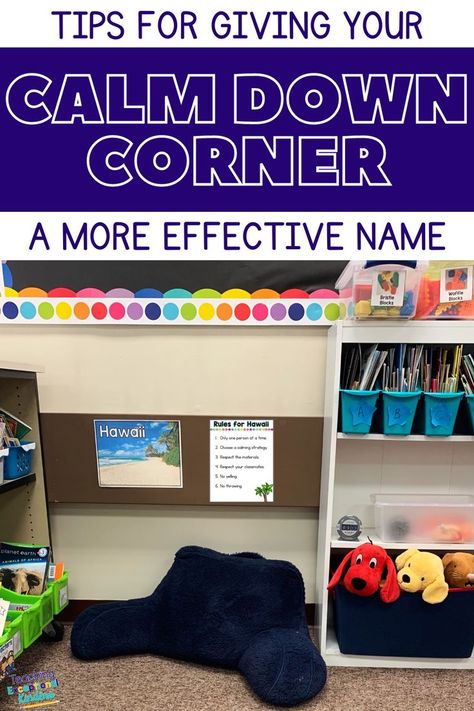 When setting up a classroom calming space, one important thing to consider is what you call it! In this post, I'm talking about the problems with a "calm down corner" name and what to call it instead. Click here to take a closer look at tips and resources for your classroom calming area. Calm Corner Rules, Quiet Corner Classroom, Setting Up A Classroom, Play Therapy Activities, Calm Classroom, Space Classroom, Calming Corner, Sped Classroom, Classroom Hacks