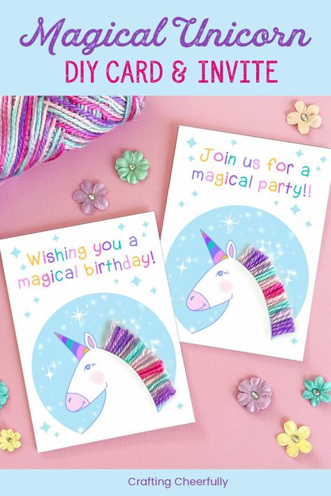 Unicorn Card Diy, Diy Unicorn Birthday Card, Unicorn Card Ideas, Homemade Unicorn Birthday Cards, Cricut Unicorn Invitations, Handmade Unicorn Birthday Cards, Unicorn Party Ideas, Unicorn Birthday Card, Unicorn Birthday Cards