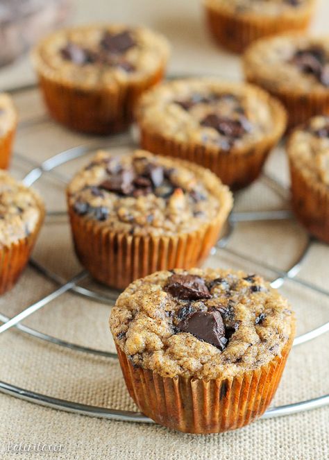 These Paleo Almond Butter Chocolate Chip Banana Muffins taste just like your mom's homemade banana chocolate chip muffins, except with an creamy almond butter filling. They're gluten-free, grain-free, and sugar-free - these muffins are sweetened with only bananas! Almond Butter Muffins, Almond Butter Snacks, Chocolate Chip Banana Muffins, Almond Butter Chocolate, Butter Muffins, Paleo Baking, Chocolate Chip Banana, Banana Chocolate Chip Muffins, Paleo Sweets