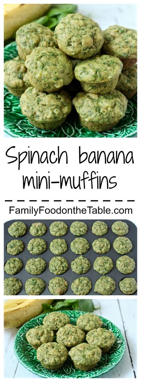 Spinach banana mini-muffins are a kid favorite! | FamilyFoodontheTable.com Banana Mini Muffins, Mini Banana Muffins, Spinach Muffins, Food Prepping, Kid Foods, Toddler Foods, Toddler Lunches, Baby Foods, Baby Finger Foods