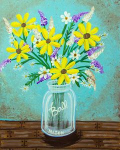 Country Bouquet: Here are some flowers that will last for years! This rustic, country bouquet is sure to bring smiles for many months and years to come. #socialartworking #masonjars #canvaspainting Social Artworking, Country Bouquet, Wine And Canvas, Canvas Painting Designs, Spring Painting, Simple Acrylic Paintings, Night Painting, Design Image, Painting Class