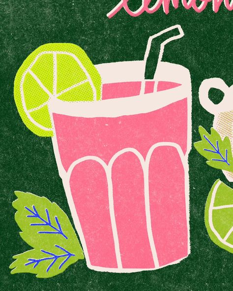 Lemonade Painting, Mint Illustration, Lemonade Art, Lemonade Aesthetic, Graphic Moodboard, Lemonade Illustration, Phone Decor, Fresh Lemonade, Riso Print