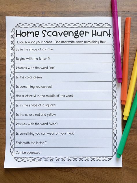 Have a scavenger hunt around your house!  Can you follow the clues and find an object for each one?  Great home activity to play with your kids!  Use code ETTC2020 to access for FREE! 1st Grade Learning Activities At Home, Homeschool Scavenger Hunt, Home School Activities 1st Grade, 1st Grade Activities At Home, Homeschool Learning Activities, 2nd Grade Activities Fun, Fun Homeschool Ideas, Home Scavenger Hunt, Home Learning Activities