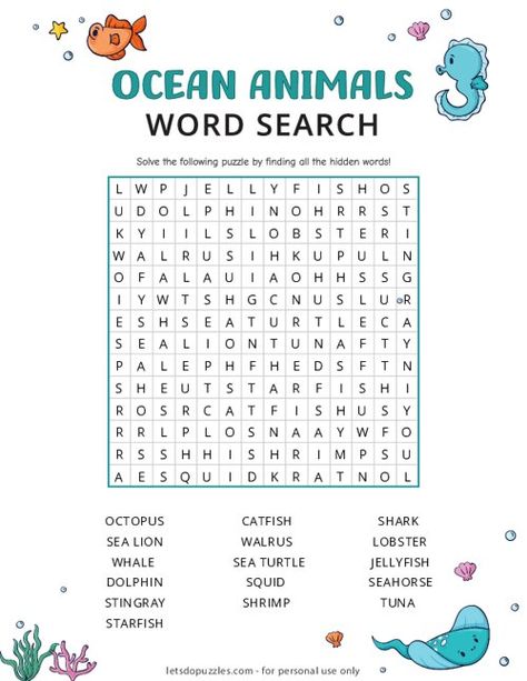 Printable Ocean Animals Word Search Ocean Word Search, Ocean Words, Easy Word Search, Ocean Theme Crafts, New Year Words, Ocean Theme Preschool, Free Printable Word Searches, Spelling Words List, Bible Crafts Sunday School