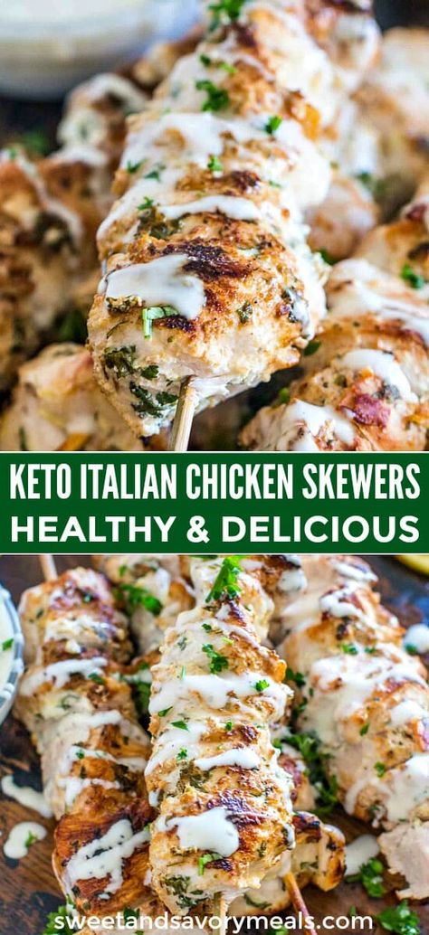 Keto Italian Chicken Skewers are incredibly easy to make, require only a few ingredients, are healthy and full of flavor. #keto #ketorecipes #healthyrecipes #easyrecipe #chicken #sweetandsavorymeals #easyketo #ketoforbeginners Keto Italian Chicken, Keto Italian, Keto Lasagna, Keto Pancakes, Keto Brownies, Italian Chicken, Keto Diet Menu, Keto Recipes Dinner, Chicken Skewers