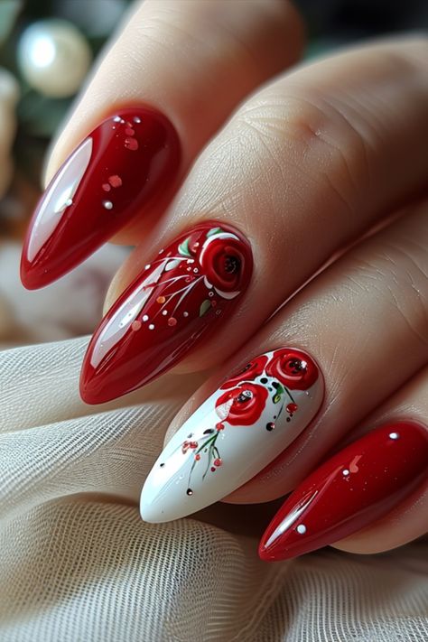 Valentine Nails 2024 Nails St Valentin, Valentine Nails 2024, Wedding Red Nails, Red Nails For Wedding, Red Rose Nails, Lace Nail Art, Tattoo Henna, Red Valentine, Romantic Nails