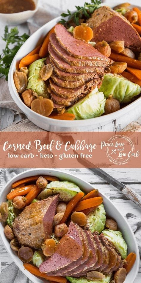 This sugar free Corned Beef and Cabbage is the best way to ring in a keto holiday. Tender, slow cooked beef brisket and veggies, comforting, delicious, and low carb! | Peace Love and Low Carb Slow Cooked Beef Brisket, Peace Love And Low Carb, Low Sugar Diet Recipes, Dinner Recipes Healthy Low Carb, Corned Beef And Cabbage, Corned Beef Brisket, Spiced Beef, Low Carb Low Fat Recipes, Keto Holiday