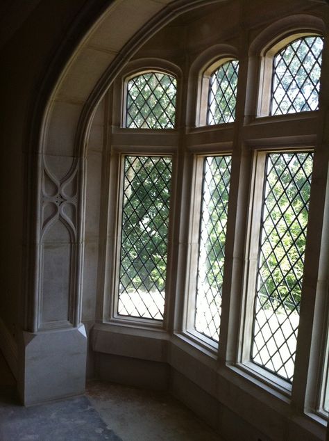 Tudor Artisans Project in Northern Georgia ... Classic Interior Arch (from 1394 built abbey) opening into a bay niche - steel windows with diamond panes set into limestone mullioned bay Archway Windows, Diamond Windows, Tudor Paneling, Tudor Style Windows, Limestone Window Surround, Tudor Windows, Diamond Pane Windows, Diamond Window Pane, Tudor Arch