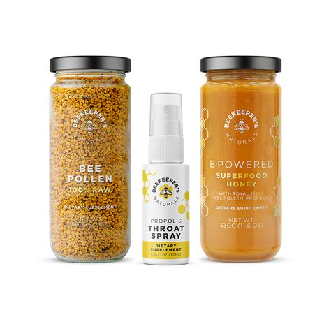 Each of the products in the Active Essentials Set from Beekeeper's Naturals are made to promote a healthy lifestyle. The set includes one Propolis Spray, one jar of raw bee pollen, and one jar of B. Powered Superfood Honey, each with their own particular benefits. The set makes a great gift or care package! Bee Hive Plans, Throat Spray, Honey Brand, Winter Cooking, Honey Gifts, Bee Pollen, The Hive, Vegetable Glycerin, Water Purifier