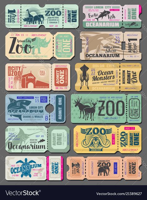 Admit Ticket, Ocean Monsters, Zoo Tickets, Vintage Tickets, African Giraffe, Vintage Ticket, طابع بريدي, Ticket Design, Fish Vector