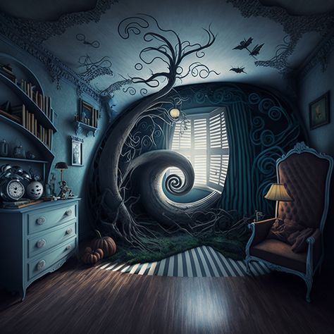 Tim Burton Aesthetic Room, Tim Burton Bedroom, Coffin Cabinet, Tim Burton Room, Tim Burton House, Batman Aesthetic, Dreamy Bedrooms, Coraline, Birdhouse