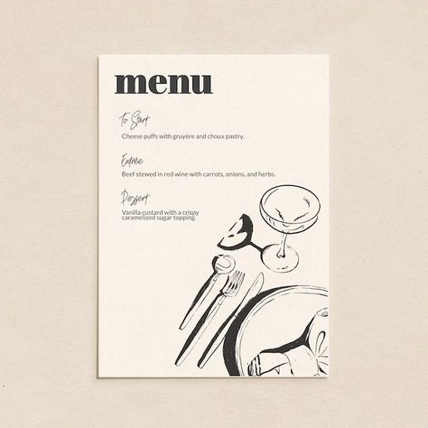 Dinner Party Poster, Cute Menu Ideas, Tablescape Illustration, Menu Illustration Design, Dinner Party Menu Design, Menu Ideas Design, Welcome Dinner Wedding, Elegant Menu Design, Food Menu Wedding