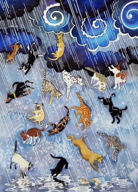 Cats And Dogs Illustration, Weather Print, Raining Cats And Dogs, Dog Illustration, Dog Images, Dog Paintings, Small Paintings, Cats And Dogs, Map Painting