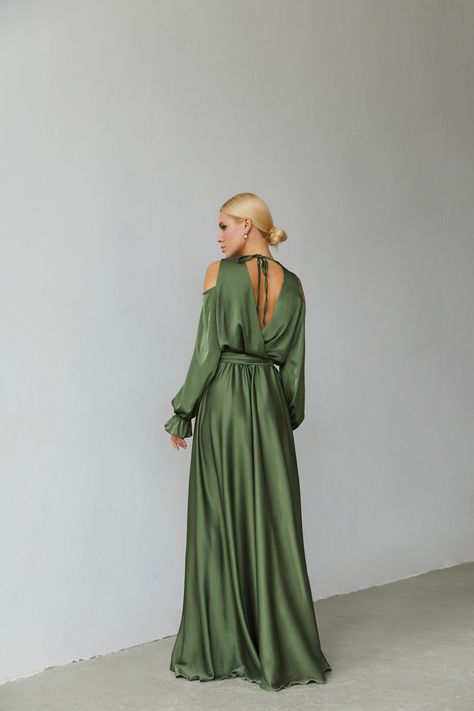 Olive Satin Maxi Wrap Dress Wedding Guest Dress Mother Of The Bride Dress Beach Boho Dress Autumn dress Backless Dress Fall Dress by MayleenStudio on Etsy Wrap Dress Wedding, Formal Dress Long, Wrap Dress Wedding Guest, Silk Prom Dress, Boho Beach Dress, Dress Wedding Guest, Mob Dresses, Minimalist Dresses, Silk Maxi Dress