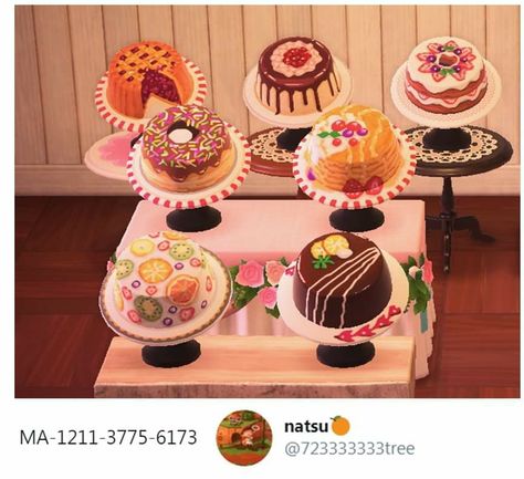 Food Acnh Code, Acnh Cake Hat Designs, Animal Crossing Food Codes, Acnh Food Stall Design, Acnh Bakery Codes, Animal Crossing Food Stalls, Animal Crossing Food, Motif Acnl, Animal Crossing Wild World