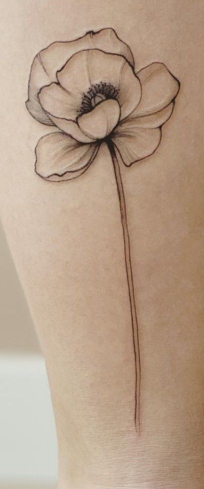 Blooming Poppy Tattoo, Poppy Geometric Tattoo, Woman Line Drawing Tattoo, Fine Line Poppy Tattoo Arm, Minimalist Poppy Tattoo Simple, Poppy Tattoo Placement, Black And White Poppy Tattoo, Poppy Tattoo Forearm, Poppy Shoulder Tattoo