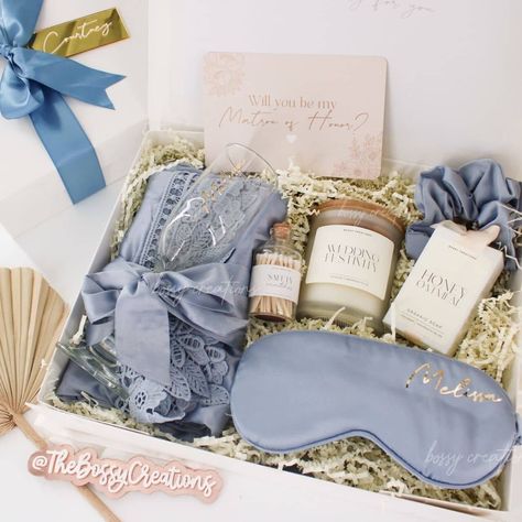 Dusty Blue Luxury Bridesmaid Proposal Gift Box Self Care Satin - Etsy Dusty Blue Bridesmaid Boxes, Luxury Bridesmaid Proposal, Candle Bottle, Wedding Palettes, Bridesmaid Proposal Diy, Bridesmaids Ideas, City Party, Random Products, Honey Wedding