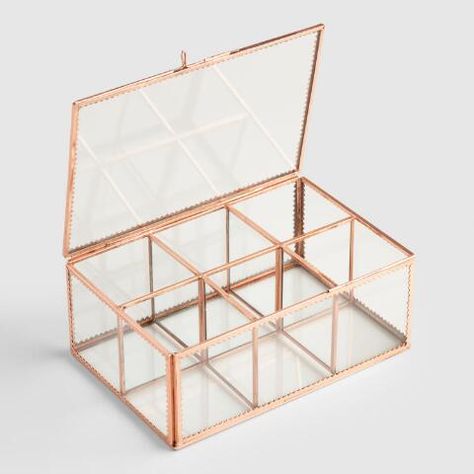 Copper Glass Tea Storage Box | World Market Rose Gold Room Decor, Rose Gold Rooms, Penyimpanan Makeup, Gold Room Decor, Tea Box Storage, Gold Rooms, Smart Tiles, Copper Frame, Tea Storage