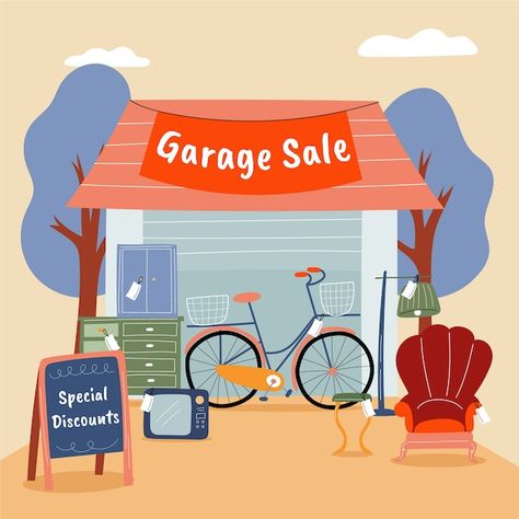 Free vector flat design garage sale illu... | Free Vector #Freepik #freevector #second-hand #flea-market #bazaar #clothes-shop Sale Illustration, Garage Sale, Garage Sales, Clothes Shop, Flat Design, Flea Market, Vector Free, Second Hand, Garage