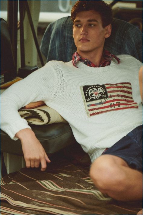 Jegor Venned sports a flag sweater and plaid shirt for POLO Ralph Lauren's summer 2018 campaign. Jegor Venned, Ralph Lauren Aesthetic, Ralph Lauren Summer, Flag Sweater, Preppy Boys, Preppy Mens Fashion, Preppy Men, Ivy League Style, Ivy Style