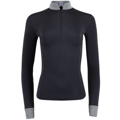 Roxana - Black & Luxe Grey Long Sleeve Riding Shirt | Halter Ego® Black Moisture-wicking Shirt For Outdoor, Horseback Riding Shirts, Equestrian Shirt, Riding Jersey Longsleeve, Riding Shirts, Horse Accessories, Grey Long Sleeve, Collar And Cuff, Pitcairn Islands