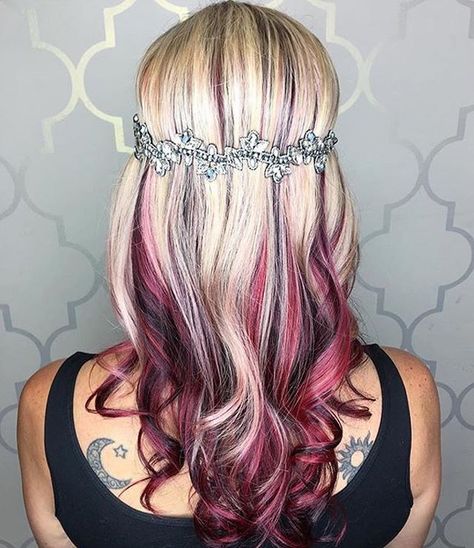 🍷Blonde & Raspberry!🍷 Hair by: 💖@hair_wizahd💖 🐙 #Mermaidians 🐙 Raspberry And Blonde Hair, Blonde And Burgundy Hair, Black Extensions, Raspberry Hair, Funky Hair, Medium Hair Color, Bold Hair Color, Gorgeous Hair Color, Beautiful Hair Color