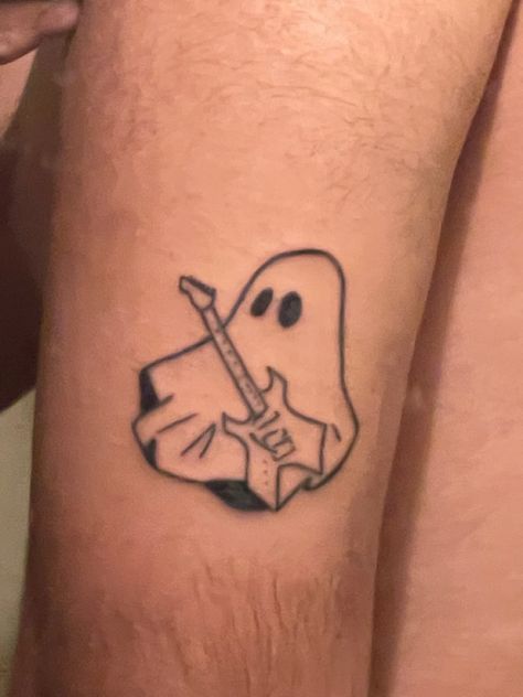 Cute Guitar Tattoos, Ghost Guitar Tattoo, Music Based Tattoos, Ghost With Guitar Tattoo, I Love Music Tattoo, Music Ghost Tattoo, Ghost Music Tattoo, Ghost Playing Guitar Tattoo, Skeleton Listening To Music Tattoo